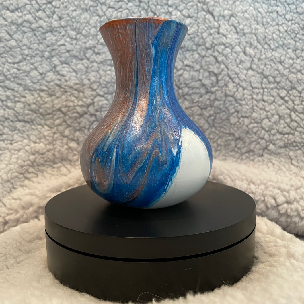 Bud Vase - 4 1/2” Tall - Blue, White and Metallic Copper