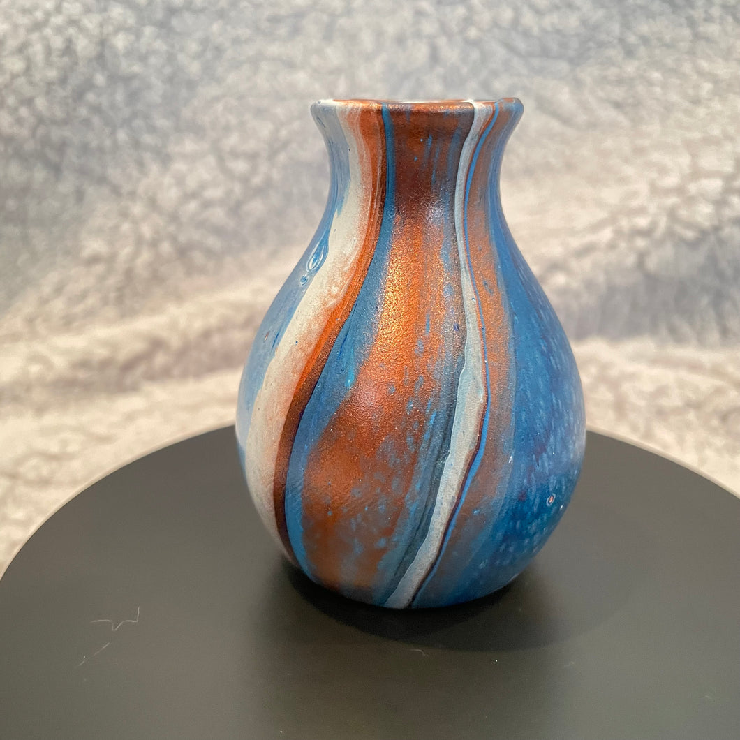 Bud Vase - 3” Tall - Blue, White and Metallic Copper (01)